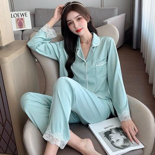 Sweet Lace Trim 2PCS Pajamas Suit Womens Full Sleeve Pant Lounge Sleepwear Spring Autumn Faux Silk Nightwear Loose Home Wear
