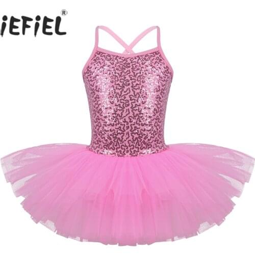 Kids Girls Ballet Tutu Dress Sequined Sleeveless Gymnastics Figure Skating Dress Teen stage Performance Ballet Dance wear