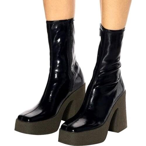 Brand shoes woman autumn winter elastic patent leather shoes women ankle boots high heels black nude thick platform riding boots