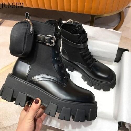 JUNSRM- Autumn Winter New Womens Thick-Soled Leather Martin Boots Casual Womens Boots Womens Fashion Lace-Up High Boots Botas