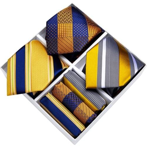 Classic Striped Mens Formal Tie Set 3 Pack Polyester Silk Necktie Pocket Square Cufflinks Gift Box Set Mens Gift DiBanGu