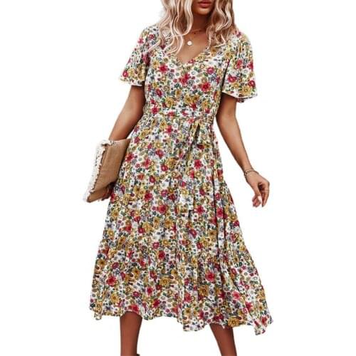 Summer Vintage Women Wide Hem Loose Dress Casual Bohemian Women Dress Floral Print High Waist VNeck Short Sleeve Dress for Beach
