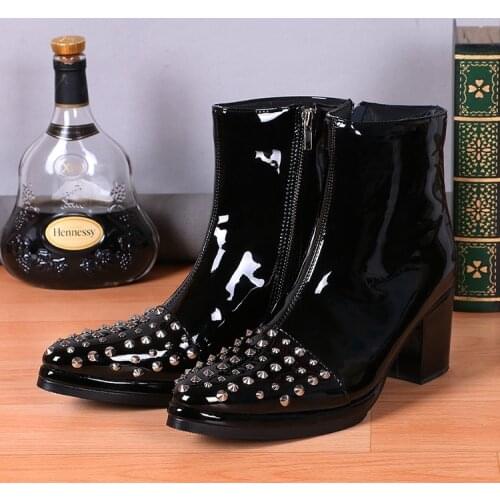 Italian Men Knee High Boots Black High Top Work Studded Cowboy Boots Pointed Toe Rivets Motorcycle Shoes Man