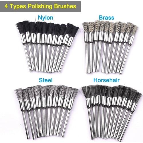 40pcs 3mm Shank 4 Types Nylon /Horsehair /Brass /Steel Wire Wheel Brushes Polishing Brush Set for Dremel Rotary Grinder Tools