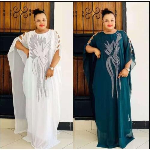 New African Dashiki Womens Fashion Abaya Stylish Chiffon Fabrics Hot Drilling Loose Long Dress Free Size + Inside