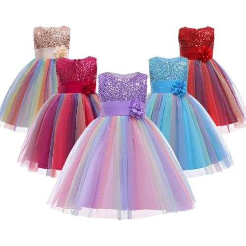 Girls Dress Sequins Rainbow Mesh Christmas Party Costume Birthday Gift Cute Little Princess Dress Casual 2-10 Years Kids Clothes