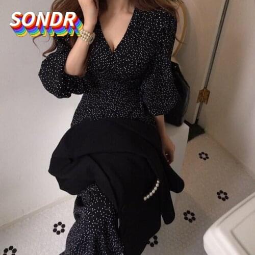 SONDR2021 Wavelet Points Dress Women Fashion Deep V Pleated Puff Sleeve Sweet Voile Mesh Sequins Embroidery French Party Dresses