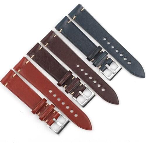 Handmade Retro Leather Watch Strap Red Brown Blue Coffee Watch Belt With Quick Release Stainless Steel Buckle Wristband