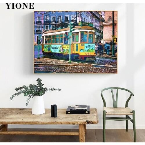 Modern Impressionist City Street Tram Bus Canvas Painting Colorful Landscape Wall Art Poster Print Picture for Living Room Decor