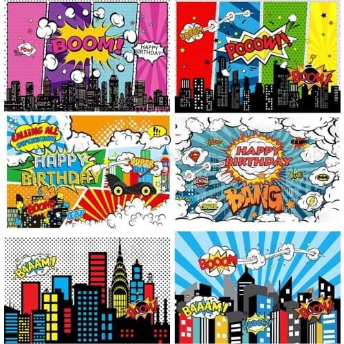 Super Hero Backdrop Boom Background Photography Birthday Party Baby Shower Boy Night Shiny Building Photocall photo studio prop