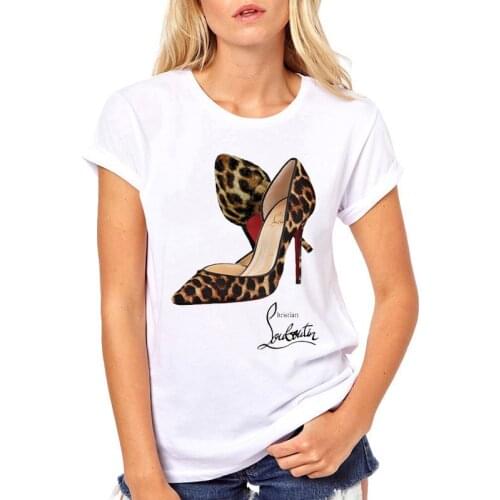 Women Summer Tee Top Street Style T-shirt Women Fashion Short Sleeve T-shirts Tops Tee Leopard High Heel Shoes Print T Shirt