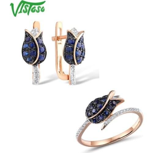 VISTOSO Jewelry Set For Woman Pure 14K 585 Rose Gold Sparkling Blue Sapphire Diamond Tulip Earrings Ring Set Fine Jewelry