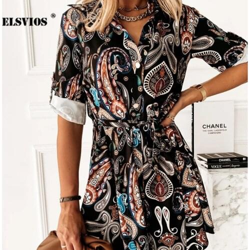 Autumn Fashion Women Suit Collar With Belt Shirt Print Dress Casual Button Cardigan Long Sleeve Dress Elegant Office Lady Dress