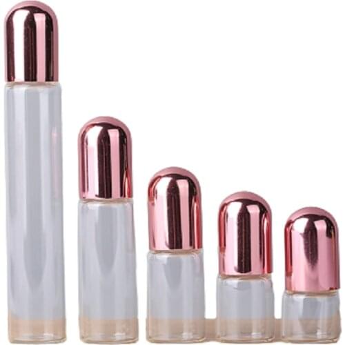 1ml 2ml 3ml 5ml 10ml Rose Gold Pink Lid Clear Glass Cosmetic Essential Oil Vial Stainless Steel Roller Ball Roll on Bottle
