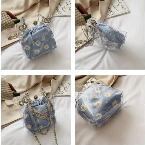 2020 New Arrivals Women Shoulder Bag Set, Hardware Chain Strap Transparent Daisy Messenger Bag with Drawstring Pouch