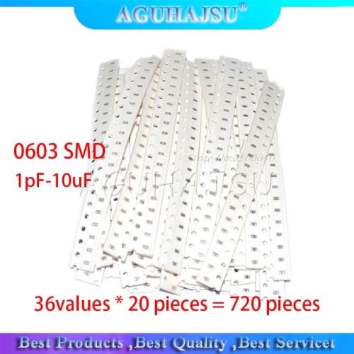 36values * 20 pieces = 720 pieces 0603 SMD Capacitor Assorted Kit 1pF-10uF Component Diy Sample Kit New And Original