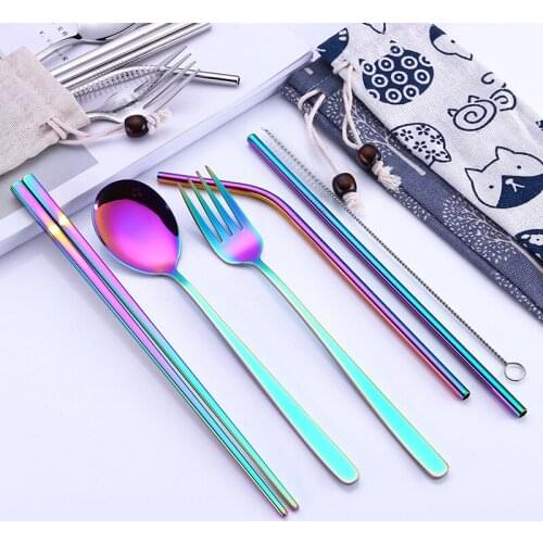 7pcs/set Dinnerware Set 304 Stainless Steel Cutlery Set Spoon Fork Straws Chopsticks Tableware Wedding Silverware Decoration Set