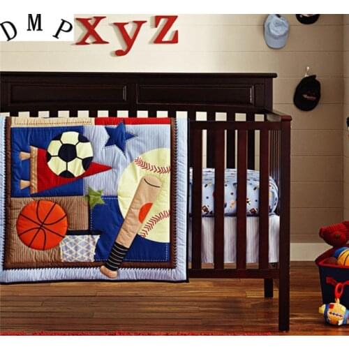 Promotion! 6PCS Embroidery Cotton Baby Quilt Nursery Comforter Cot Crib Bedding Set Bumper for Boy(bumper+duvet+bed cover)