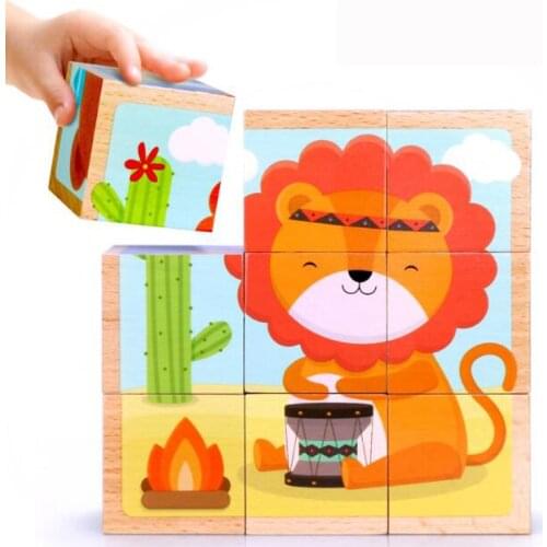 Free ship kids 6 IN 1 wooden cartoon animal puzzle big cube lion crocodile panda fox zebra bear educational children toys