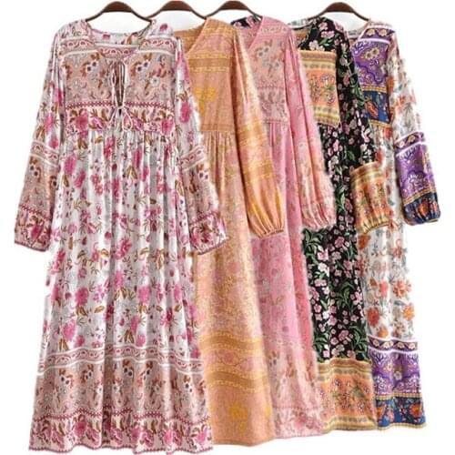 Bohemian Print Maxi Dresses for Women Vintage Print Autumn Dress Ladies Loose O-Neck Long Sleeved Maternity Dresses Woman Jurk