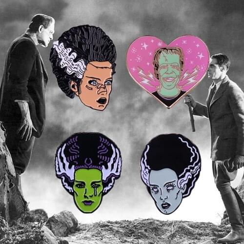 Bride of Frankenstein Enamel Pin Horror Movie Queen and Herman Munster Brooch Halloween Decor