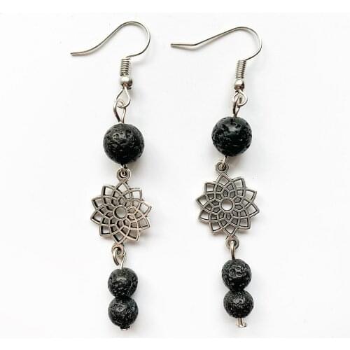 Bhuann Black Lava Volcanic Rock Stone Pendant Earrings Metal Lotus Flower Charms Drop Earrings for Women Girls Handmade 1 Pair