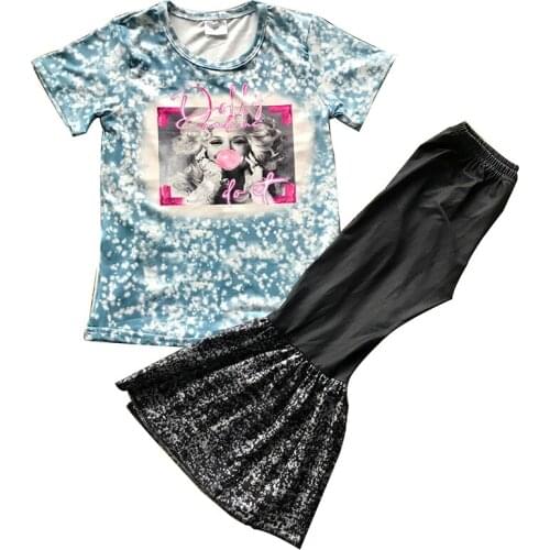 High quality new baby girls baby dress with milk silk green printed short sleeves and Black Patchwork flared pants set 20