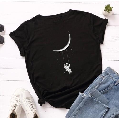 Moon Astronaut Print T Shirt Plus Size Women Cotton Short Sleeve Summer T-Shirt Pink Tops Casual TShirt S-5XL