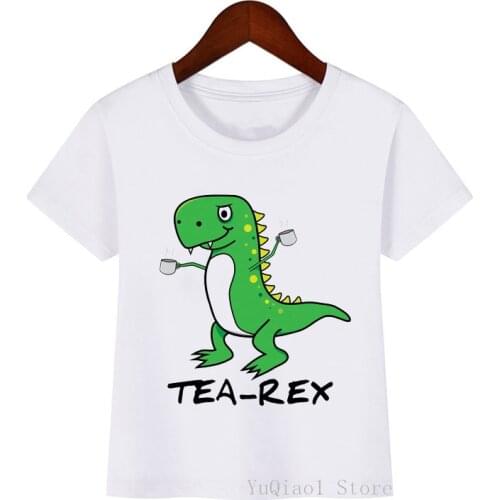 Cute Tea-Rex Dinosaur Anmial Print Childrens T-Shirts Summer Kids Clothing Baby Boys White Short Sleeve Tops Funny Graphic Tees