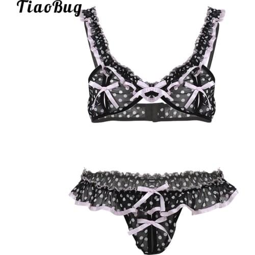 TiaoBug 2Pcs Men Sissy Soft Chiffon Elastic Frilly Ruffled Spots Lingerie Set Bikini Bra Top With Crotchless T-Back Briefs