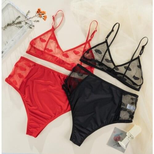 New Sexy Lingerie Underwear Polka Dot Mesh Frill Trim Lace Lingerie Set Top Lace Invisible Transparent Women Bras