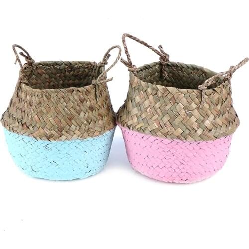 Sea Grass Basket Bamboo Seagrass Flower Pot Storage Baskets Foldable Straw Patchwork Rattan Seagrass Belly Garden Decor