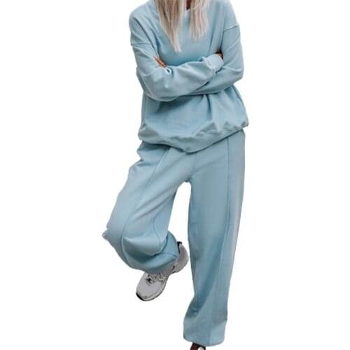 Women Suit Autumn Stylish Solid Color O Neck Long Pants Elastic Waist Sports Suit Sports Lantern Sleeve Winter Women Suit