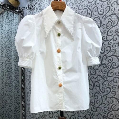 Fashion Puff Sleeve Shirt Womens Short Sleeve Heavy Beads Korean Style Loose Design White Blouse 2021 Summer Thin Simple Top