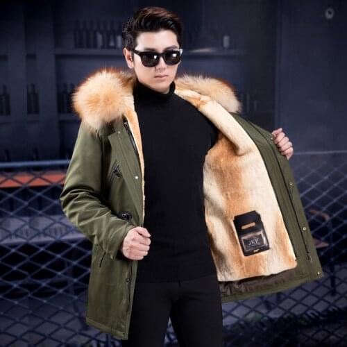 New Real Rabbit Fur Liner Winter Coat Men Raccoon Fur Collar Trench Coat Men Fashion Natural Animal fur Jackets Coat