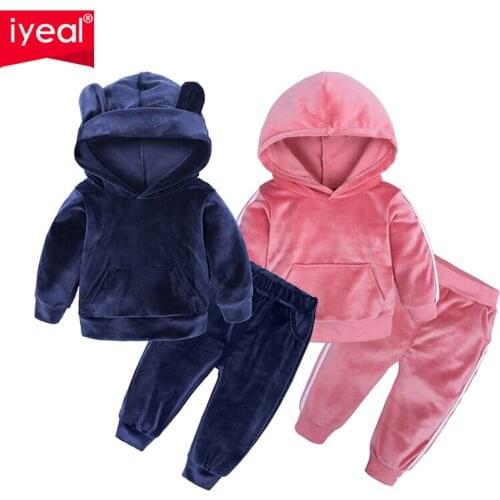 IYEAL Autumn Winter Baby Girls Clothes Set Long Sleeve Hooded Kids Boys Tracksuit Warm Flannel Casual Children Clothing Suits