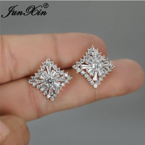 Boho Crystal Geometric Square Earrings White Gold Rose Gold Color White Zircon Brilliant Wedding Stud Earrings For Women Jewelry