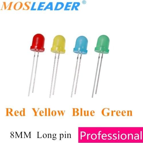 Mosleader 8MM LED 500PCS Green Yellow Red Blue Transparent Diffused Color turn color Round top Long pins DIP LED