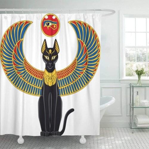 Fabric Shower Curtain Egypt of Egyptian Cat with Wings White Scarab Beetle Black Culture Elegance Grace ative Bathroom Treated