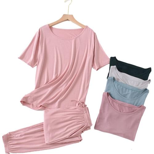 Solid Color Pyjamas Women Short Sleeve Sleep Top + Pants Modal Pajamas Two Piece Sets Female Sleepwear Casual Plus Size Homewear