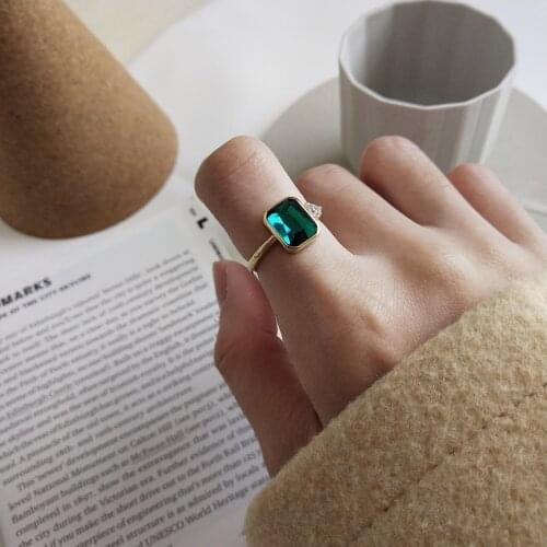 Japan Korean S925 sterling silver open ring INS Nordic style simple rectangular green diamond female silver ring ring jewelry