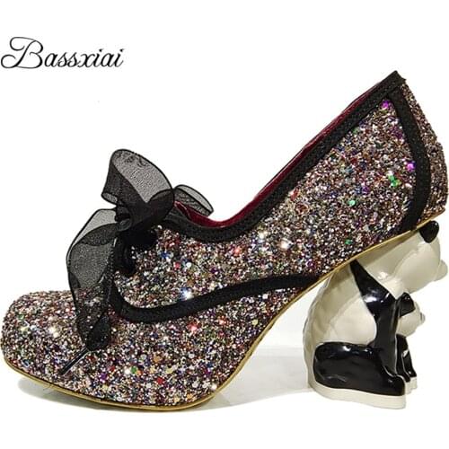Vivid Panda-Shaped Strange Heel Banquet Shoes Woman Platform Round Toe Lace Cross-tied Bling Sequins Women Pumps