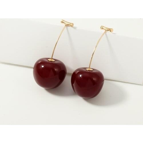 New Fashion Red Cherry Gold Drop Earring Sweet Fruit Long Crystal Earrings for Women Lady Gift Jewelry Tassel Dangle Accessories