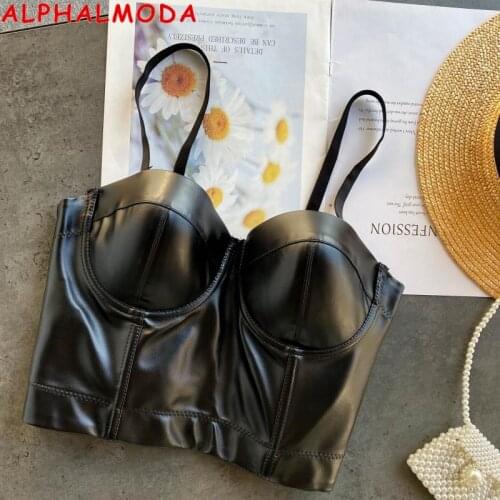 ALPHALMODA 2021 Summer Black Red PU Leather Push Up Bralet Sexy Women Bustier Gothic Punk Bra Lingerie Party Crop Top Vest