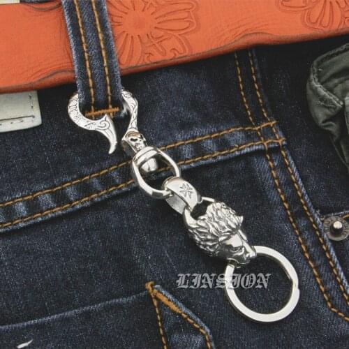 925 Sterling Silver Huge Heavy Skull Hook Lion Mens Biker Rocker Punk Keychain Belt Clip 9T020