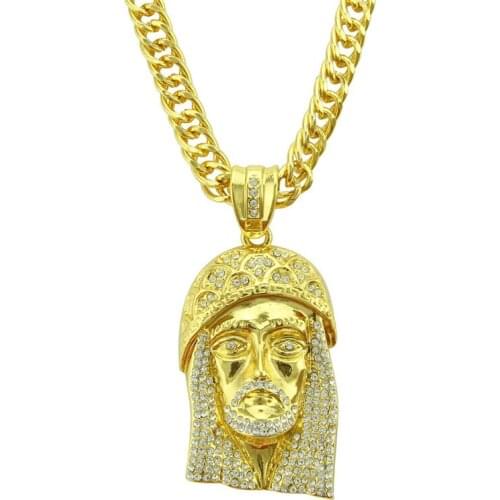 Golden Jesus Christ Head Necklace Pendant With Long Chain For Men Iced Out Rhinestones Hip Hop Christian Jewelry