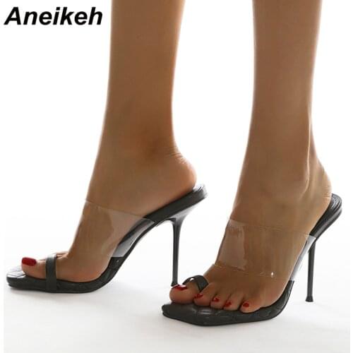 Aneikeh Summer Fashion Sexy Transparent PVC Women Sewing Slippers Mules Thong Thin High Heel Shallow Mules Slip On Party Solid
