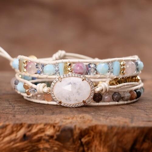 White Sparkling Moon Stones Zircon Pave Crystals Beads Wrap Bracelets Bangles