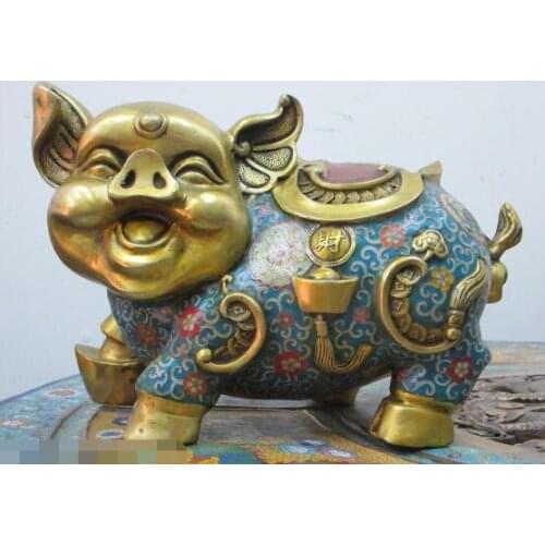 Free shipping S00166 14"Chinese collection Bronze gold Cloisonne Luck Ru Yi Wealth money pig Statue
