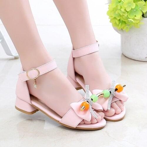 Kids Shoes for Girl Sandals Summer Fashion Rhinestone Bow Bead Big Girl Shoes Low Heels Kids Princess Shoes STQ052